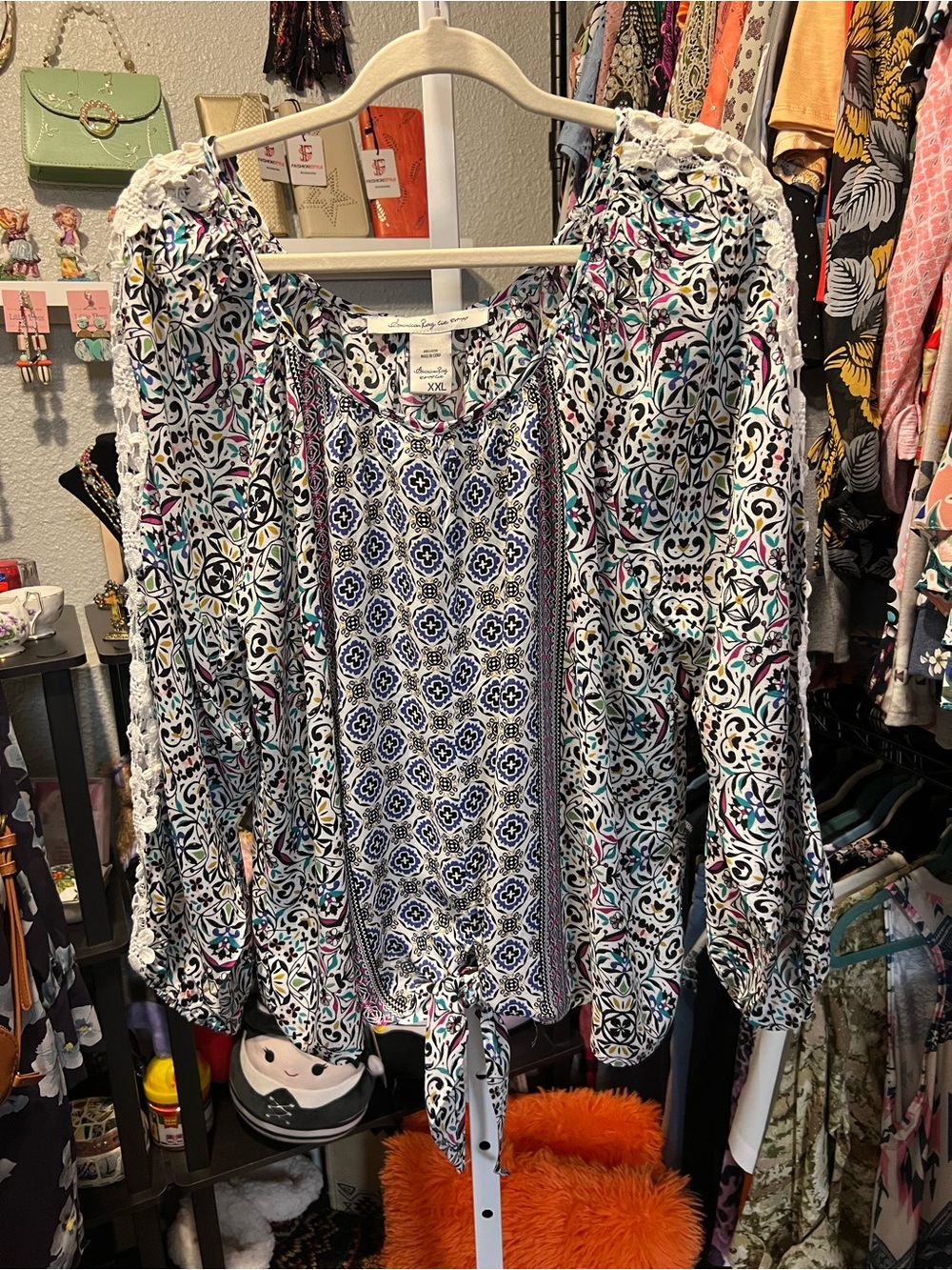 American Rag Printed Tie-Front Peasant Blouse in White, Blue and Teal